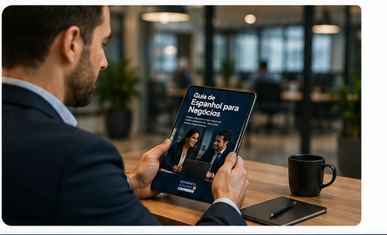 Profissional consultando o Guia de Espanhol para Negócios em um tablet